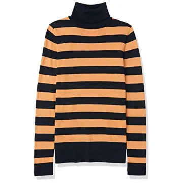 Amazon Essentials Women's Classic-Fit Lightweight Long-Sleeve Turtleneck Sweater (Available in Plus Size), Black Camel Rugby Stripe, Large