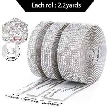 3 Rolls 6.6 Yards Self-Adhesive Crystal Rhinestone Diamond Ribbon - DIY Diamond Ribbon Stickers with 2 mm Rhinestones for Arts Crafts,Bling Silver Ribbon Rolls for Phone,Car Decoration(Silver)