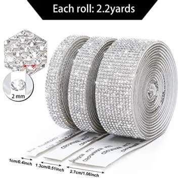 3 Rolls 6.6 Yards Self-Adhesive Crystal Rhinestone Diamond Ribbon - DIY Diamond Ribbon Stickers with 2 mm Rhinestones for Arts Crafts,Bling Silver Ribbon Rolls for Phone,Car Decoration(Silver)