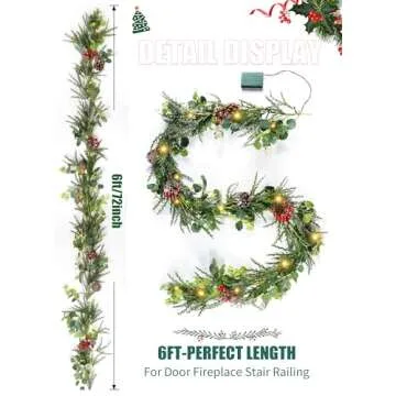 Brightown Pre-lit Christmas Garland with Lights, 6 Feet 20 LED Battery Operated Christmas Lights with Pine Cones, Berry, Eucalyptus Leaves, Indoor Christmas Decorations for Stairs, Fireplace, Door