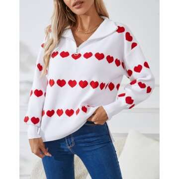 Alsol Lamesa Women's Quarter Zip Collar Pullover Long Sleeve Heart Sweater Side Split Knit Sweaters