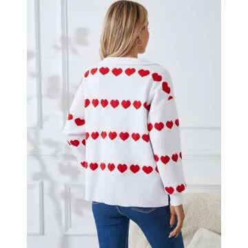 Alsol Lamesa Women's Quarter Zip Collar Pullover Long Sleeve Heart Sweater Side Split Knit Sweaters