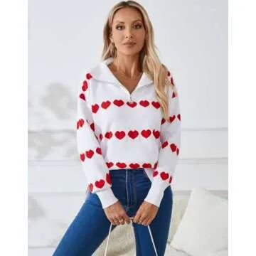 Alsol Lamesa Women's Quarter Zip Collar Pullover Long Sleeve Heart Sweater Side Split Knit Sweaters
