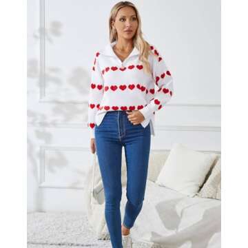 Alsol Lamesa Women's Quarter Zip Collar Pullover Long Sleeve Heart Sweater Side Split Knit Sweaters