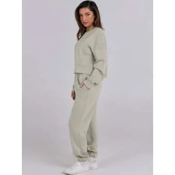 ANRABESS Womens 2 Piece Outfits Lounge Sets Cropped Sweatshirt & Joggers Fashion Sweatsuit Sweat Set 2024 Fall Travel Grey Medium