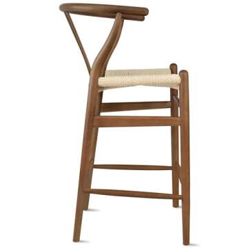 2xhome Wishbone Counter Height Barstool with Woven Paper Cord Seat | Fully Assembled | Wooden Y Back Farmhouse Kitchen Stool for Home, Dining, Bar, Espresso