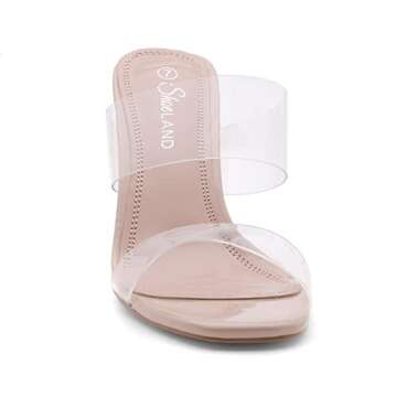 Shoe Land Brienna Women's Clear Heels Chunky Block Heeled Slides Open Toe Two Band Slip-On Mules –...