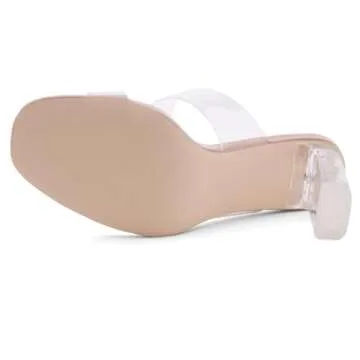 Shoe Land Brienna Women's Clear Heels Chunky Block Heeled Slides Open Toe Two Band Slip-On Mules – Dressy Heeled Sandals for Prom, Wedding, and Party, ClearNude, Size 9.0