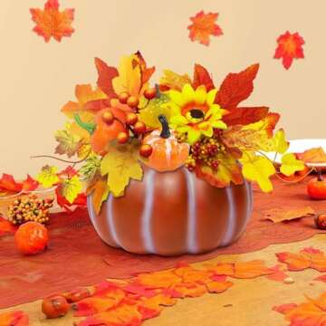 TURNMEON [ Inner Lighted & Prelit 7.5 Inch Fake Pumpkin Thanksgiving Decorations with Maples Leafed 3 Mini Pumpkins Berried Sunflowers Battery Operated Fall Thanksgiving Decor Home Indoor Table