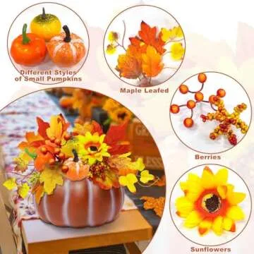 TURNMEON [ Inner Lighted & Prelit 7.5 Inch Fake Pumpkin Thanksgiving Decorations with Maples Leafed 3 Mini Pumpkins Berried Sunflowers Battery Operated Fall Thanksgiving Decor Home Indoor Table