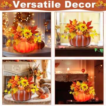 TURNMEON [ Inner Lighted & Prelit 7.5 Inch Fake Pumpkin Thanksgiving Decorations with Maples Leafed 3 Mini Pumpkins Berried Sunflowers Battery Operated Fall Thanksgiving Decor Home Indoor Table