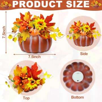 TURNMEON [ Inner Lighted & Prelit 7.5 Inch Fake Pumpkin Thanksgiving Decorations with Maples Leafed 3 Mini Pumpkins Berried Sunflowers Battery Operated Fall Thanksgiving Decor Home Indoor Table