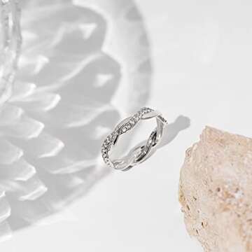 PAVOI 14K Gold Plated Cubic Zirconia Twisted Rope Eternity Band White Gold for Women Size 8
