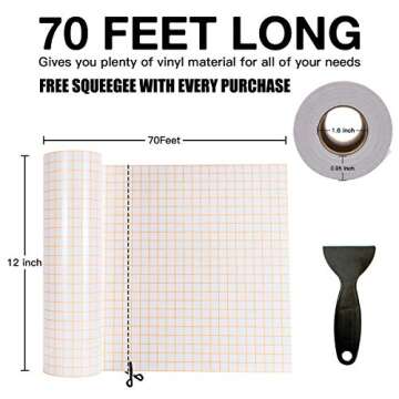 Transfer Tape for Vinyl - 12" x 70 FT w/Orange Alignment Grid for Adhesive Vinyl - Medium Tack Vinyl Transfer Tape for Cricut, Silhouette Cameo, Decals, Signs, Windows and Stickers