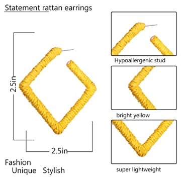 Rattan Earrings for Women, Bohemian Lightweight Statement Geometric Woven Earrings, Handmade Raffia Straw Wicker Braid Hoop Drop Dangle Earrings,Fashion Summer Beach Vacation Jewelry Gifts