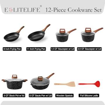 ESLITE LIFE Nonstick Cookware Sets, 12 Pcs Granite Coating Pots and Pans Set Kitchen Cooking Set, Co...