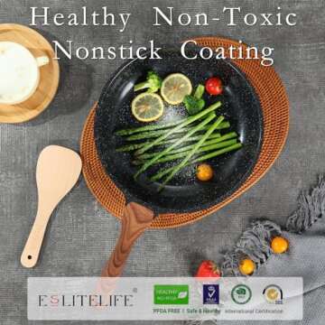 ESLITE LIFE Nonstick Cookware Sets, 12 Pcs Granite Coating Pots and Pans Set Kitchen Cooking Set, Compatible with All Stovetops (Gas, Electric & Induction), PFOA Free, Black