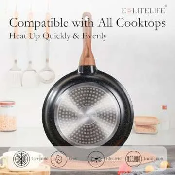 ESLITE LIFE Nonstick Cookware Sets, 12 Pcs Granite Coating Pots and Pans Set Kitchen Cooking Set, Compatible with All Stovetops (Gas, Electric & Induction), PFOA Free, Black