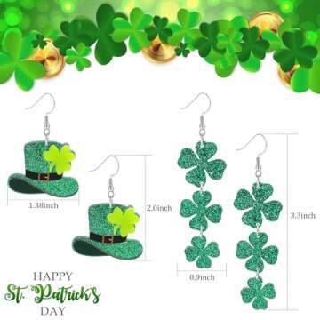 XOZEU 2 Pairs St Patrick's Day Earrings for Women Teens Acrylic Irish Clover Dangle Earrings Green S...