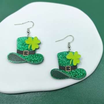 XOZEU 2 Pairs St Patrick's Day Earrings for Women Teens Acrylic Irish Clover Dangle Earrings Green Shamrock Hat Earrings Good Luck Jewelry Gift
