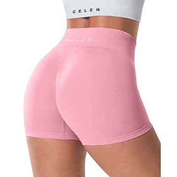 CELER Women’s Seamless Scrunch Butt Gym Shorts – High Waisted Yoga Shorts in Pink XS