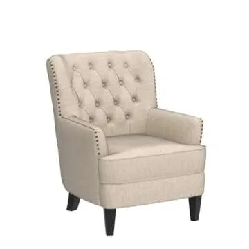 Rosevera Accent Chair and Ottoman Set - Button Tufted Armchair for Living ROM, Bedroom, Reading - Mid-Century Modern Lounge Chair Set - Beige