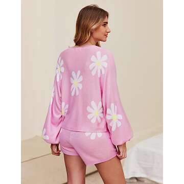 Ekouaer Knit Pajamas Set for Women Lounge Sets 2 Piece Long Sleeve Top and Shorts Pj Soft Sleepwear Cute Sweater Outfits Floral Pink L