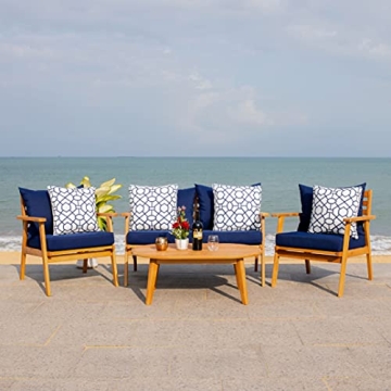 SAFAVIEH Outdoor Collection Deacon Acacia Wood Cushion 4-Piece Conversation Patio Set