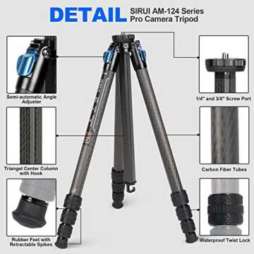 SIRUI AM-124 Carbon Fiber Tripod for Camera with AM-01 360° Panorama Ball Head, 65.6" Compact Lightweight Travel Tripod, Triangular Center Column, QR Plate, Waterproof Twist Lock, Load 26.5lbs