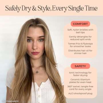 INH Blowout Brush Hair Dryer | Ceramic Titanium Hair Straightener and Curler 2 in 1 | Heated Round Brush Styler & Volumizer w/ 3 Heat Speed Settings for Fast Drying & Professional Salon Styling, Pink