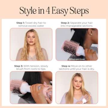 INH Blowout Brush Hair Dryer | Ceramic Titanium Hair Straightener and Curler 2 in 1 | Heated Round Brush Styler & Volumizer w/ 3 Heat Speed Settings for Fast Drying & Professional Salon Styling, Pink