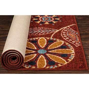 Maples Rugs Reggie Floral Runner Rug - Made in USA - Washable, Non Slip Mats for Kitchen, Hallway, and Laundry Room, 1'8 x 5, Merlot