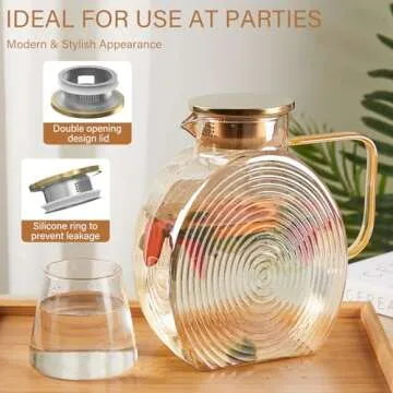 OneDream Glass Pitcher with Lids for Fridge Door, 2.5l/84oz Large Iced Tea Pitcher with Handle, Borosilicate Water Jug for Sun Tea, Fruit Juice, Drinks, Lemonade, Cold or Hot Beverages, Champagne