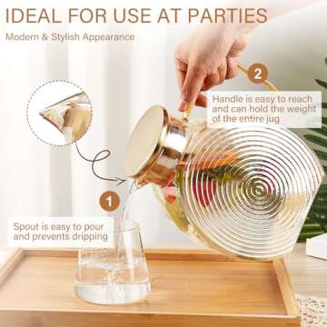 OneDream Glass Pitcher with Lids for Fridge Door, 2.5l/84oz Large Iced Tea Pitcher with Handle, Borosilicate Water Jug for Sun Tea, Fruit Juice, Drinks, Lemonade, Cold or Hot Beverages, Champagne