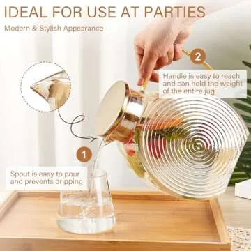 OneDream Glass Pitcher with Lids for Fridge Door, 2.5l/84oz Large Iced Tea Pitcher with Handle, Borosilicate Water Jug for Sun Tea, Fruit Juice, Drinks, Lemonade, Cold or Hot Beverages, Champagne