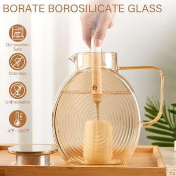 OneDream Glass Pitcher with Lids for Fridge Door, 2.5l/84oz Large Iced Tea Pitcher with Handle, Borosilicate Water Jug for Sun Tea, Fruit Juice, Drinks, Lemonade, Cold or Hot Beverages, Champagne