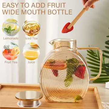 OneDream Glass Pitcher with Lids for Fridge Door, 2.5l/84oz Large Iced Tea Pitcher with Handle, Borosilicate Water Jug for Sun Tea, Fruit Juice, Drinks, Lemonade, Cold or Hot Beverages, Champagne