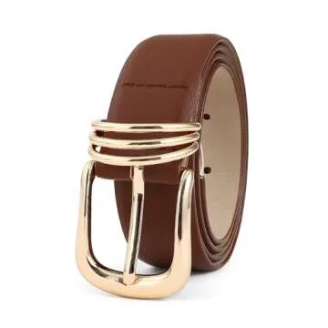 RISANTRY Women's Brown Belts with Gold Buckle Elegant Leather Waist Belt Ladies Belts for Jeans Dres...