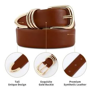 RISANTRY Women's Brown Belts with Gold Buckle Elegant Leather Waist Belt Ladies Belts for Jeans Dress & Casual Wear