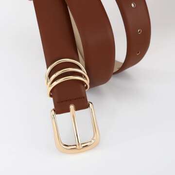 RISANTRY Women's Brown Belts with Gold Buckle Elegant Leather Waist Belt Ladies Belts for Jeans Dress & Casual Wear