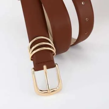 RISANTRY Women's Brown Belts with Gold Buckle Elegant Leather Waist Belt Ladies Belts for Jeans Dress & Casual Wear
