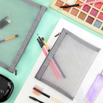 6 Pieces Mesh Makeup Bags Mesh Cosmetic Bag Portable Travel Organizing Zipper Pouch Toiletries Makeup Pouches for Home Office Travel Accessories (Gray)