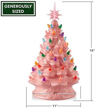 Casafield Hand Painted Ceramic Christmas Tree, Pink 15-Inch Pre-Lit Tree with 128 Multi Color Lights and 2 Star Toppers