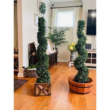 Two 4 Foot Outdoor Artificial Boxwood Spiral Topiary Trees UV Rated Plants