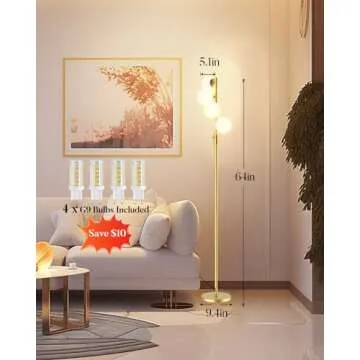 Lightdot 64IN Dimmable (Brightness Adjustable) Globe Floor Lamp, Gold Standing Lamps with 4PCS 3000K G9 Bulbs Soft Warm White Eye Care, Mid Century Modern Floor Lamp for Living Room