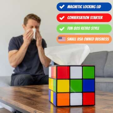 Magic Cube Tissue Box Cover | Retro Home Decor | Funky Furniture | Magnetic Bottom Lid | Fun House 80's Home Decor | Funny Tissue Box Cover