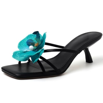 YIYA Women's Flower Cute Open Square Toe Stiletto Kitten Heels for Endless Summer Style