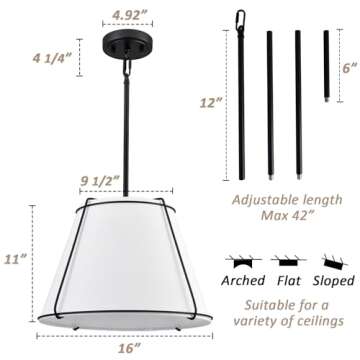AXILAND Cone Pendant Light Fixture with Metal Lantern Fabric Drum Shade 16" Black Chandeliers for Dining Room Living Room Kitchen Bedroom