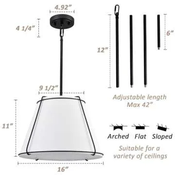 AXILAND Cone Pendant Light Fixture with Metal Lantern Fabric Drum Shade 16" Black Chandeliers for Dining Room Living Room Kitchen Bedroom
