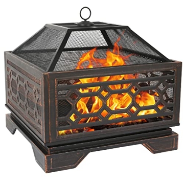 Hykolity 26 Inch Outdoor Fire Pit Square Extra Deep Wood Burning Firepits Large Bonfire with Cooking...